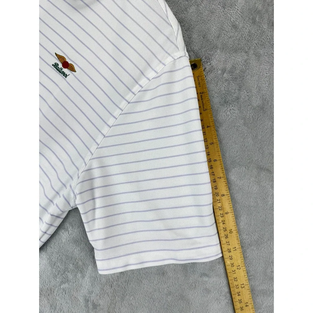 Greg Norman Mens Polo Shirt XL White Purple Striped Baltusrol Golf Play Dry Logo